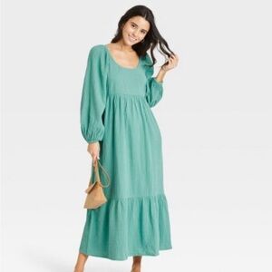 100% cotton gauze dress seafoam green maternity friendly, balloon sleeves